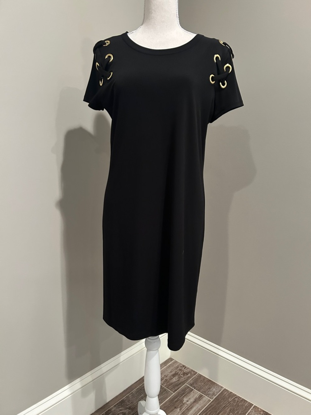 Michael Kors Black Mini Dress with Gold Grommet Shoulder Detail